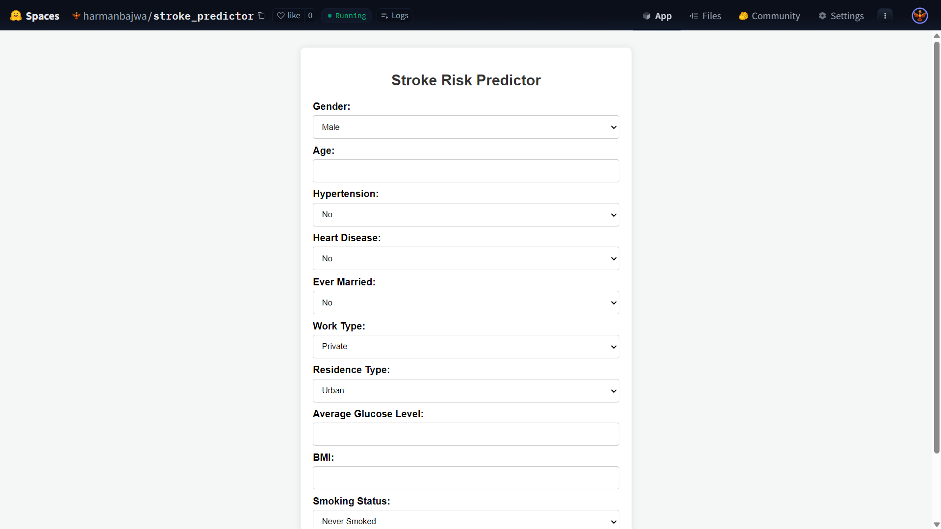 Stroke prediction model interface